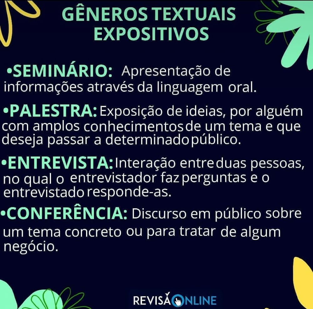 Seminário: apresentação de informações através de linguagem oral
Palestra: exposição de ideias, por alguém com amplos conhecimentos de um tema e que deseja passar a determinado público
Entrevista: interação entre duas pessoas, no qual o entrevistador faz perguntas e o entrevistado responde-às
Conferência: discurso em público sobre um tema concreto ou para tratar de algum negócio
 

 

