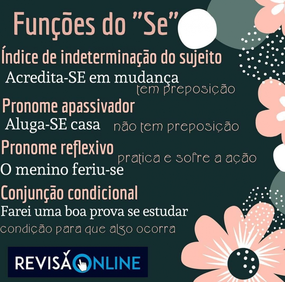 Índice de indeterminação do sujeito: Acredita-SE em mudança (tem preposição)
Pronome apassivador: Aluga-SE casa (não tem preposição)
Pronome reflexivo:O menino feriu-SE (pratica e sofre a ação)
Conjunção condicional: Farei uma boa prova SE estudar (condição para que algo ocorra)
