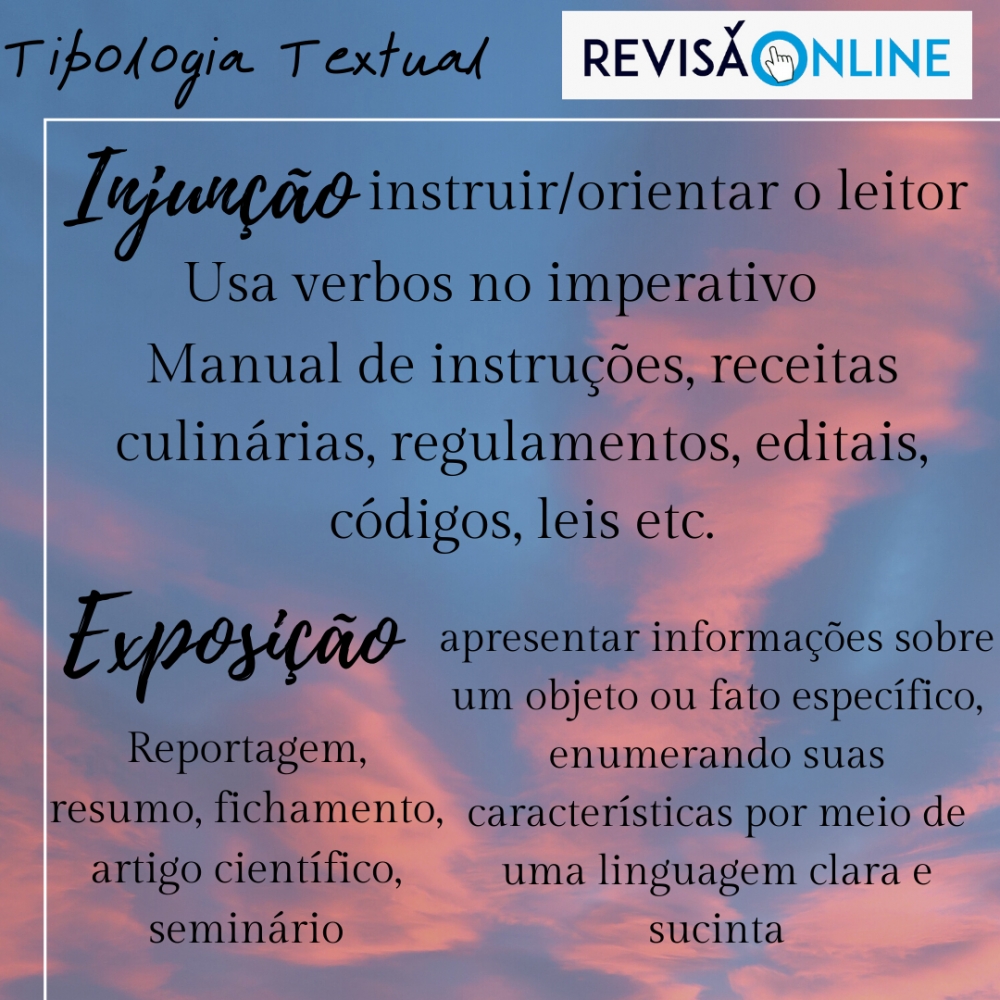 Injunção: instruir/orientar o leitor
Usa verbos no imperativo
Manual de instruções, receitas culinárias, bulas, regulamentos, editais, códigos, leis etc.
Exposição: apresentar informações sobre um objeto ou fato específico, enumerando suas características por meio de uma linguagem clara e sucinta
Reportagem, resumo, fichamento, artigo científico, seminário etc.
