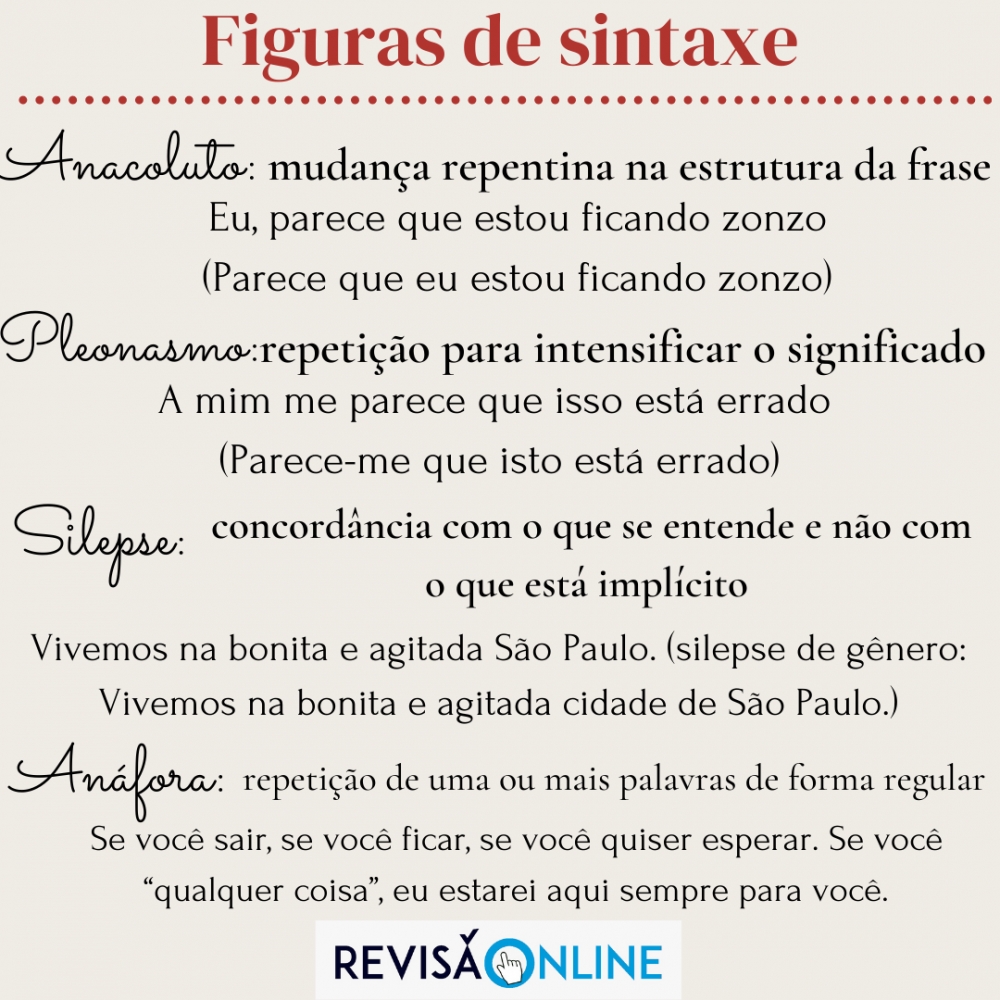 Anacoluto: mudança repentina na estrutura da frase: Eu, parece que estou ficando zonzo. (Parece que eu estou ficando zonzo.)
Pleonasmo: repetição para intensificar o significado:A mim me parece que isso está errado. (Parece-me que isto está errado.)
Silepse: concordância com o que se entende e não com o que está implícito: Vivemos na bonita e agitada São Paulo. (silepse de gênero: Vivemos na bonita e agitada cidade de São Paulo.)
Anáfora:  repetição de uma ou mais palavras de forma regular: Se você sair, se você ficar, se você quiser esperar. Se você “qualquer coisa”, eu estarei aqui sempre para você.

